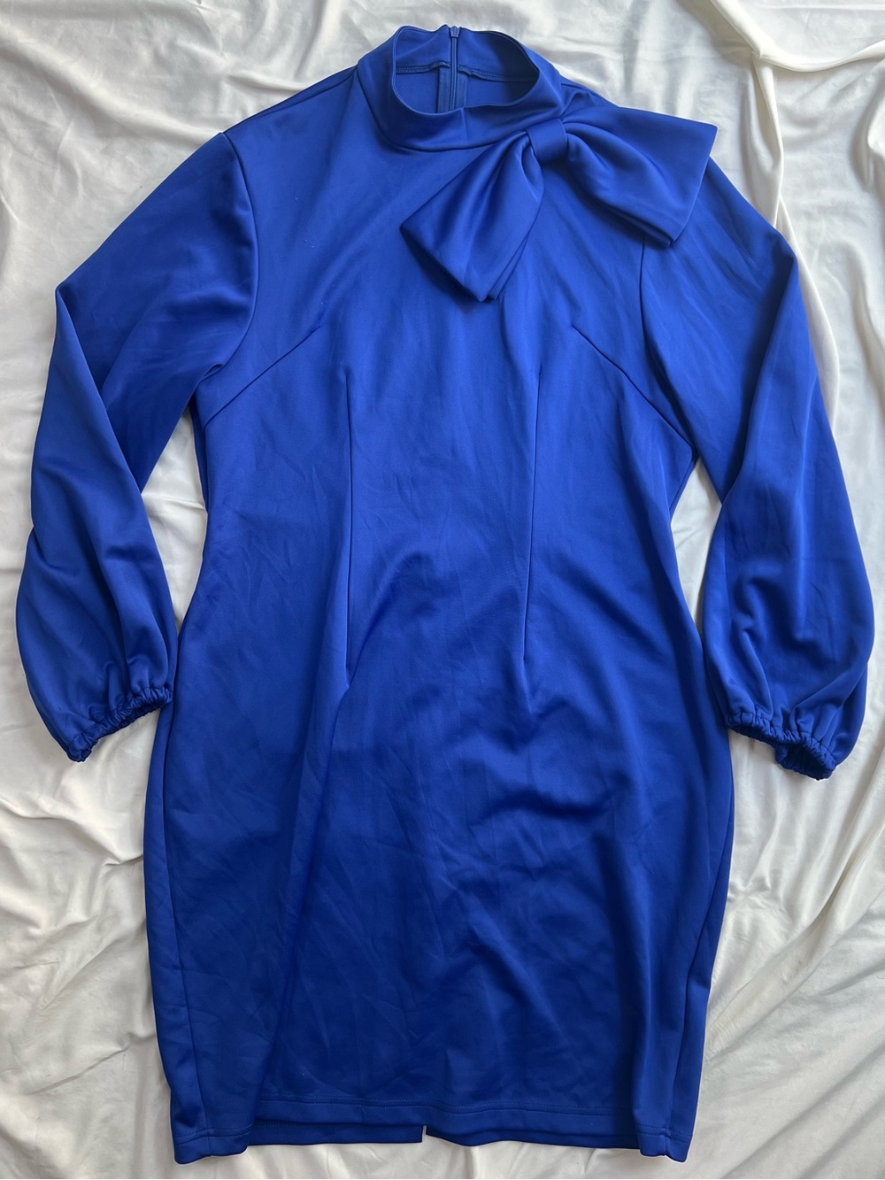 Royal Blue Long-Sleeve Bow-Neck Dress